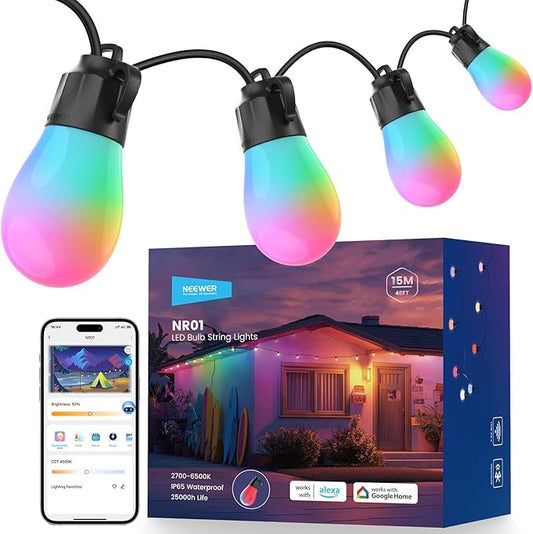 NEEWER 48ft Outdoor String Lights, App Control Smart AI RGBW Hanging Outside Patio Balcony Backyard Holiday Lighting, IP65 Waterproof, 15 LED Bulbs, 50+ Scenes, Compatible with Alexa Google, NR01 Neewer