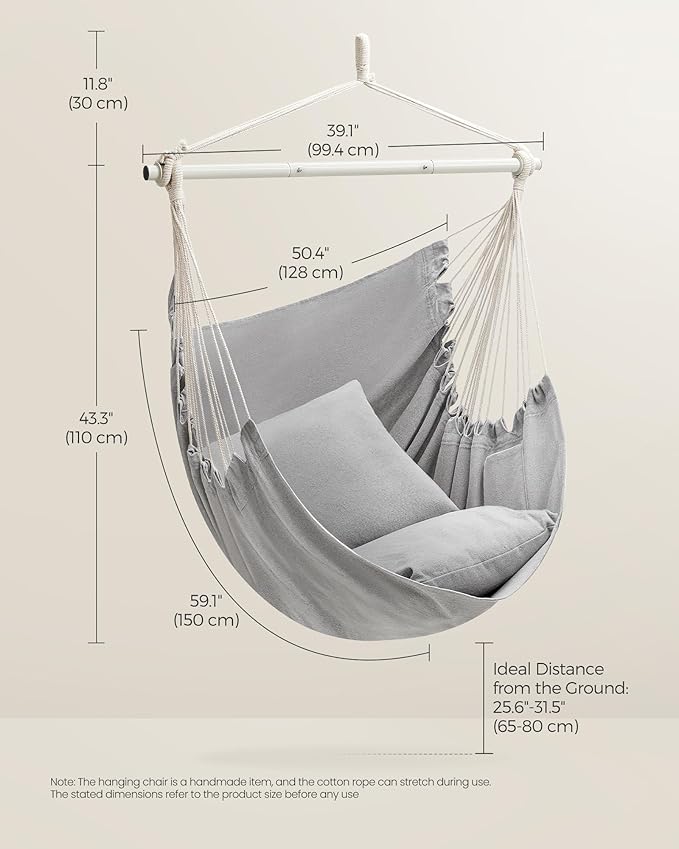 SONGMICS Hammock Chair, Load Capacity 500 lb, Hanging Chair with 2 Cushions, Large Hammock Swing with Chain and Pocket, for Indoor, Outdoor, Living Room, Bedroom, Dove Gray UGDC197G01 SONGMICSbySONGMICSHOME