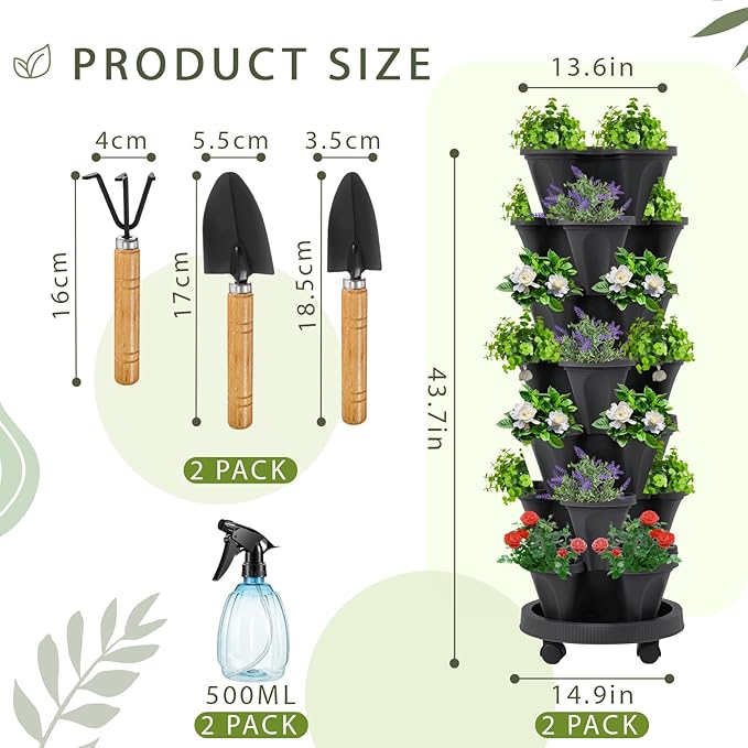 Umigy 2 Set of 7 Tier Vertical Planter Stackable Tower Planters Strawberry Herb Flower and Vegetable Pots Indoor Outdoor Gardening Pots with Removable Wheels and Tools(Black) Umigy
