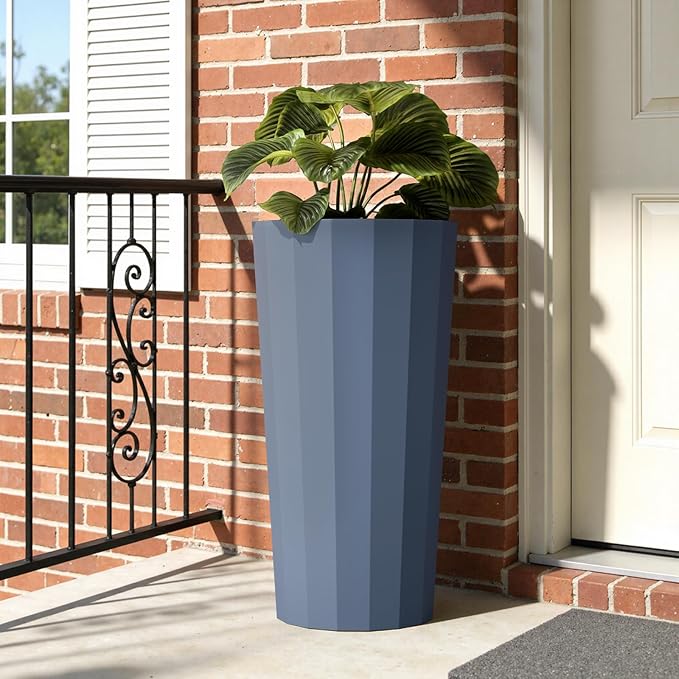 23.6" H Tall Planters for Outdoor Plants, 2 Pack Large Outdoor Planters for Porch Decor with Automatic Drainage Hole, Plastic Stripe Design Flower Pots Fits Indoor Plants Patio Garden, Black Outdoorchairs