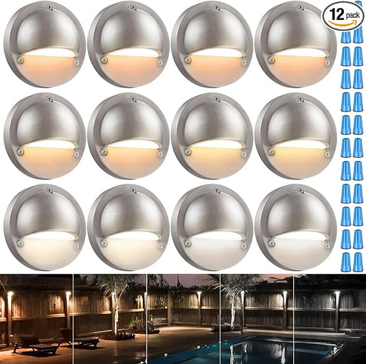 LEONLITE 12-Pack Update 5CCT LED Low Voltage Deck Lights, 180LM 3.5inch Landscape Step Railing Fence Light, 12-24V AC/DC, CRI90, Die-cast Aluminum Housing & Frosted Glass Lens, UL Cord, Satin Nickel LEONLITE