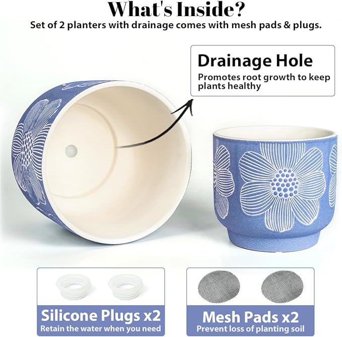 YBX 8 Inch + 6 Inch White Flower Pattern Plant Pots, Sand Glazed Ceramic Planter with Drainage Hole, Flower Pots for Indoor Plants, Blue YBXYIBOXUAN