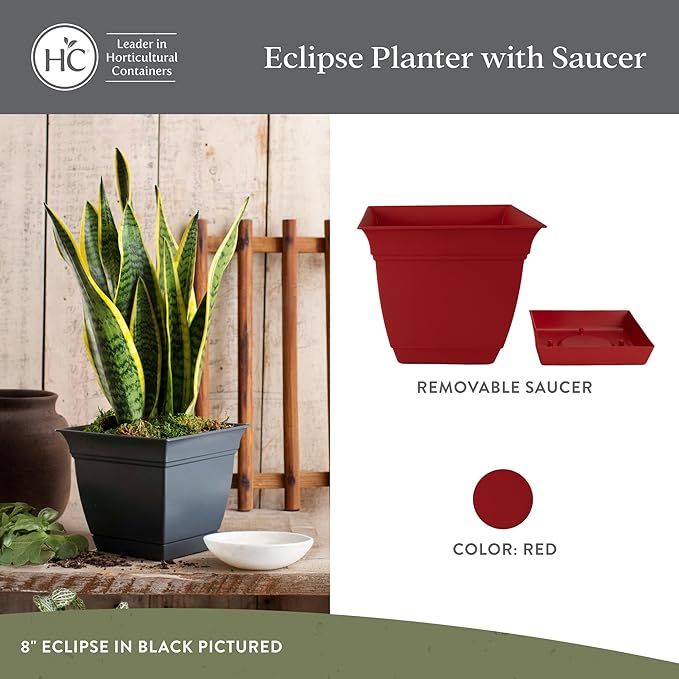 The HC Companies 12 Inch Eclipse Square Planter Pots with Drainage Holes & Attached Saucer, Lightweight UV-Resistant Plastic Indoor Outdoor Planters, 2-Pack Flower Pots for Garden & Home Decor, Red TheHCCompanies