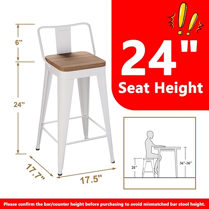 WENTMENT Metal Bar Stools Set of 2 Counter Height Barstools with Removable Back 24" Kitchen Bar Stools with Wooden Seat,Off White WENTMENT