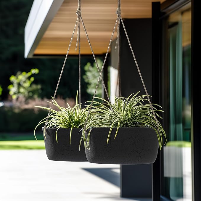 La Jolie Maison Large Hanging Planters - 12 Inch Outdoor Flower Pots, Hanging Garden Planters Set of 2, Black Charcoal LaJolieMaison