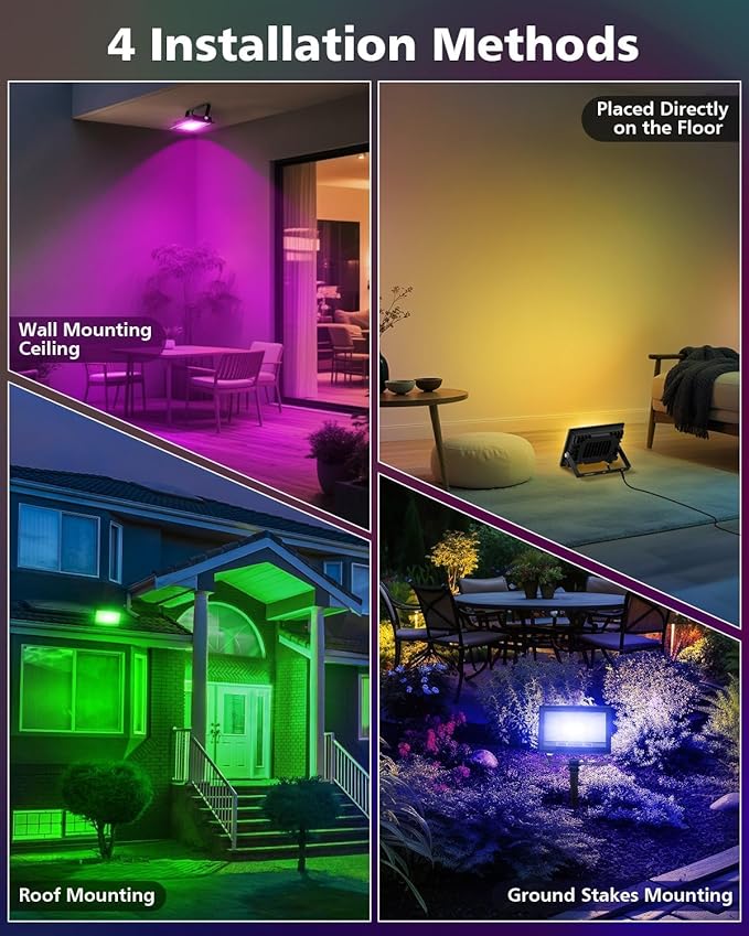 T-SUN Christmas LED Flood Light, 30W RGBCW Dimmable Outdoor Smart Lights, Color Changing LED Light with Remote & APP Control Waterproof Up Lights, Music Sync Stage Spot Light for House, Party (4 Pack) T-SUN