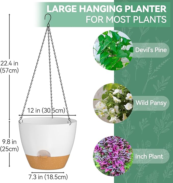 ZMTECH 12 Inch Hanging Planters for Indoor Outdoor Plants, 1 Pack Self Watering Hanging Plant Pots with Drainage Holes and Removable Saucer, Plastic Flower Hanging Pots with Watering Lip (White) HighQualityGardeningTools