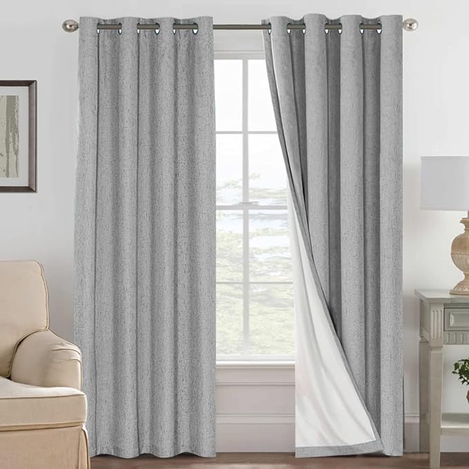 H.VERSAILTEX Linen Curtains 100% Blackout Curtains for Bedroom 90 inch Long Full Light Blocking Nature Linen Blended Window Curtains for Living Room Nickel Grommet (2 Panels, Dove Gray) HVERSAILTEX