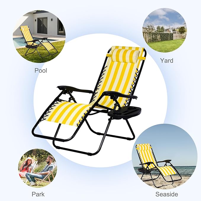 Nazhura Set of 2 Relaxing Recliners Patio Chairs Adjustable Steel Mesh Zero Gravity Lounge Chair Beach Chairs with Pillow and Cup Holder (Yellow Stripe) NazhuraGoodCompanionAtHome