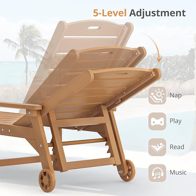 LUE BONA Outdoor Chaise Lounge, HDPS Chaise Lounger, 5 Positions Adjustable Lounge Chairs, Pool Lounge Chair with Wheels for Poolside, Backyard, Teak Color LUEBONA