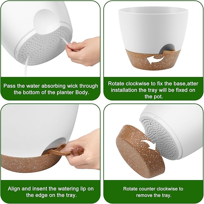 Plant Pots 10/9/8/7.5/7 Inch Self Watering Pots, Set of 5 Plastic Planters with Drainage Holes and Saucers,Plastic Flower Pots,Nursery Planting Pot for Indoor Out Door Plants（White） QRRICA