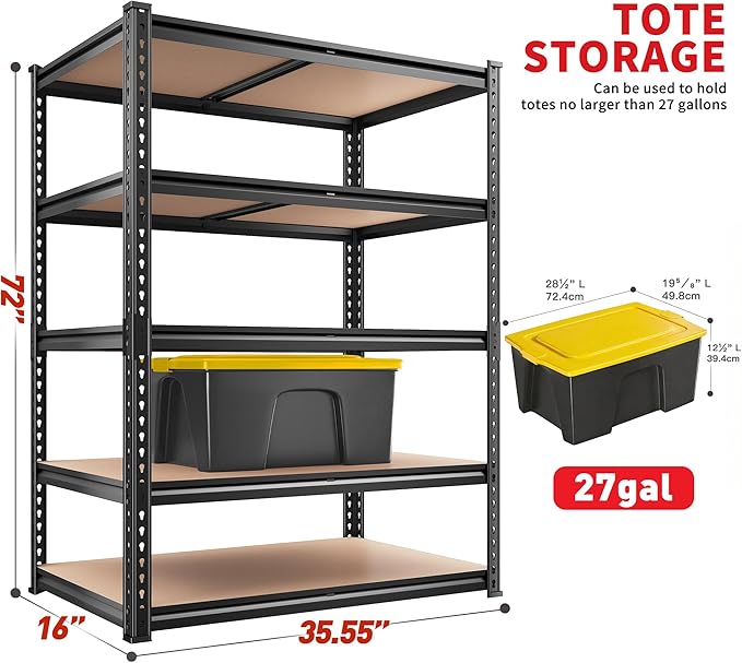 REIBII 2400LBS Storage Shelves 5 Tier Garage Shelving Heavy Duty, Adjustable Metal Shelving, Garage Shelves for Basement, Warehouse, Pantry, Closet, Kitchen 72" H x 35.55" W x 16" D, Black, 3 Pack REIBII