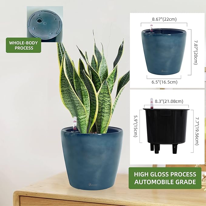 Dexceder 9x8 Inches Self Watering Planter Indoor Outdoor, Inner Pot Design, Thickened Table Flower Plant Pot with Water Level Indicator (Grayish Green Gradient) Dexceder