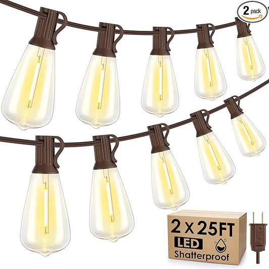 50FT(2x25FT) Outdoor String Lights, Patio Lights with 20+2 LED Dimmable Waterproof ST38 Vintage Shatterproof Bulb for Bistro Cafe Fence, Brown Larkvue
