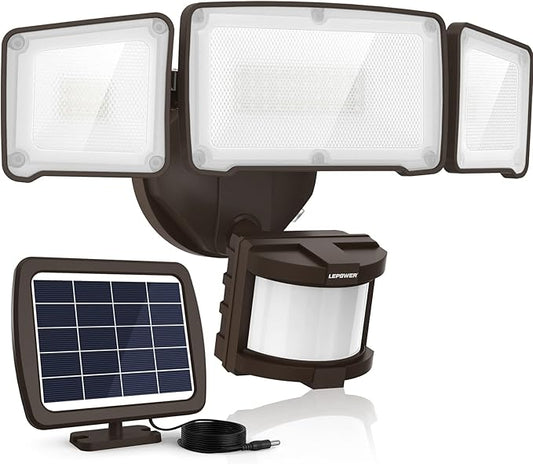 LEPOWER 1600LM LED Solar Security Lights Motion Outdoor, 5500K White Light, IP65 Waterproof Outdoor Flood Solar Light for Yard, Garage（Brown） LEPOWER