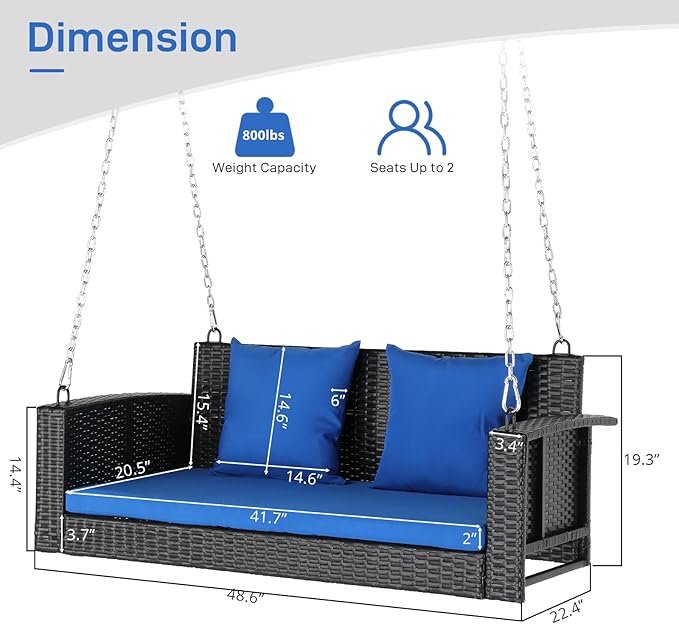 Outvita Porch Swing 2 Person Hanging Bench, Wicker Outdoor Swing Bench with Cushion and Pillow for Patio, Yard, Garden Hold Up to 800 lbs (Blue) Outvita