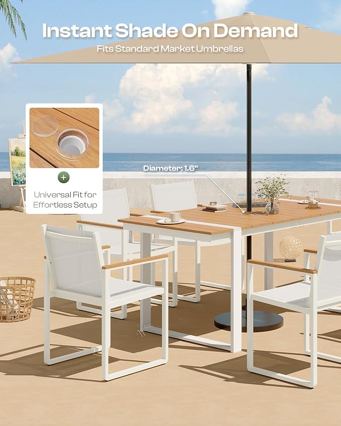 Outdoor Dining Set, HDPS + Aluminum Patio Table and Chairs Set with U-Shaped Base, 7 Piece Outdoor Furniture Set with Umbrella Hole, Patio Dining Table Set for Garden, Backyard (White-Teak) Oasbira