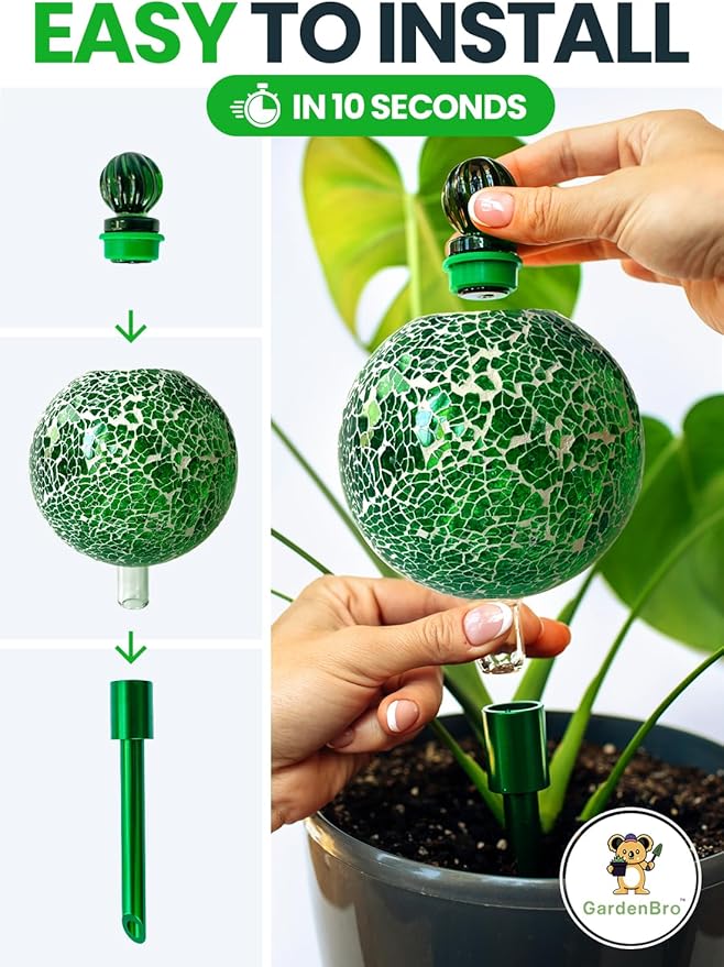 16 Oz Plant Watering Globes for Indoor Plants with Metal Self Watering Planter Insert - Premium XL Glass Hand-Blown Globe - Automatic Plant Waterer Indoor, Gift Idea for Gardeners [1 Globe, Mosaic] GARDENBRO