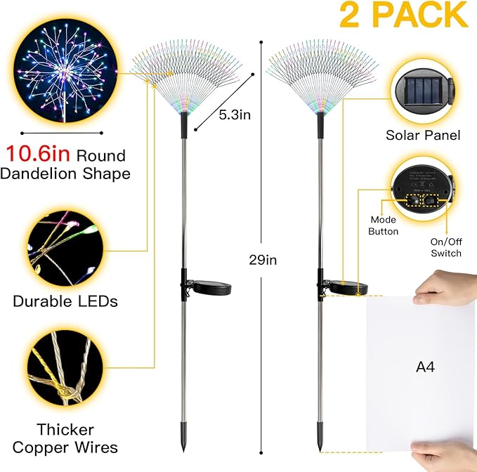 suddus Solar Garden Lights Outdoor Waterproof Decorative, 2Pack 150LED Firework Lights 8 Modes, Multicolor Solar Fairy Light for Yard, Patio, Pathway, Flowerbed Party Wedding Decor SUDDUS
