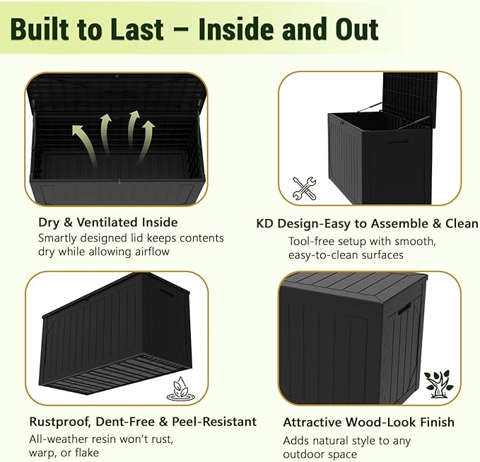 TARKARI 100 Gallon Lockable Resin Deck Box, Waterproof & UV-Resistant Outdoor Storage Box for Outdoor Cushion Storage, Garden Tools & Pool Accessories Storage, Black Home