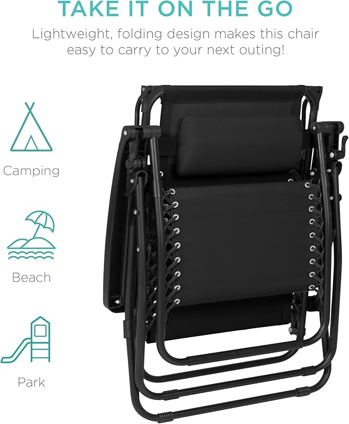 Best Choice Products 30” Wide Folding Zero Gravity Outdoor Recliner Patio Lounge Chair w/Adjustable Canopy Shade, Headrest, Side Accessory Tray - Black BestChoiceProducts