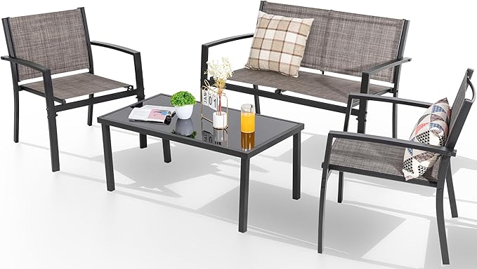 Shintenchi 4 Pieces Patio Furniture Set All Weather Textile Fabric Outdoor Conversation Set, with Glass Coffee Table, Loveseat, 2 Single Chairs for Home, Garden, Lawn, Porch（Light Brown） Shintenchi