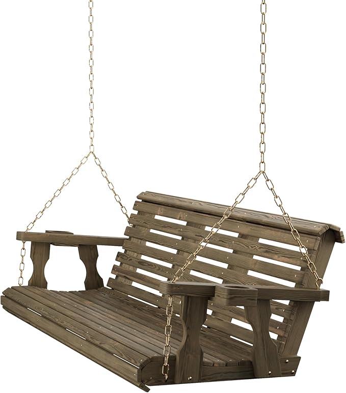 Amish Casual 6 Foot Roll Back Porch Swing with Cup Holders in Dark Walnut Stain - Amish Made in The USA from Treated Pine Heavy Duty 700 Lb. Weight Capacity AmishCasual