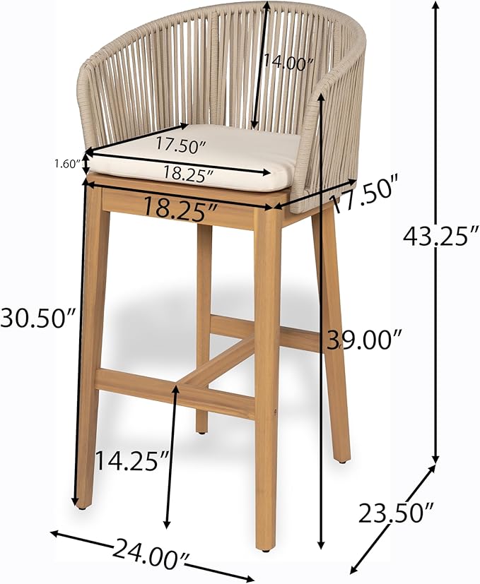 Christopher Knight Home Zax Set of 2 Patio Barstool, Acacia Wood & Rope Outdoor Counter Stool with Backrest/Footrest, Barstool Chairs with Cushion Seating for Backyard Balcony Garden, Beige + Teak ChristopherKnightHome