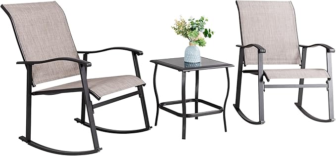 Vongrasig 3 Piece Outdoor Rocking Bistro Set, Textilene Fabric Small Patio Furniture Set, Front Porch Rocker Chairs Conversation Set with Glass Table for Lawn, Garden, Balcony, Poolside (Taupe) Vongrasig