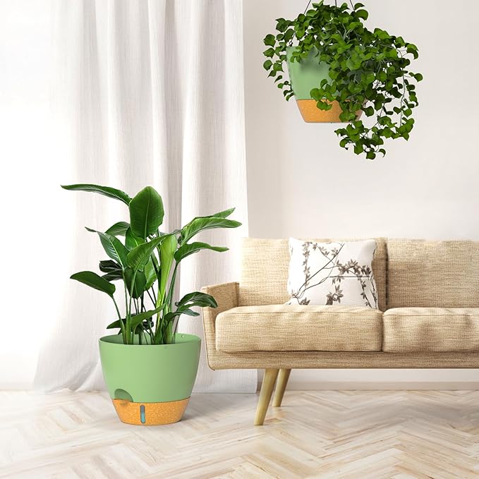 ZMTECH 12 Inch Hanging Planters for Indoor Outdoor Plants, 2 Pack Self Watering Hanging Plant Pots with Drainage Hole, Visual Reservoir, Plastic Flower Hanging Pots with Watering Lip (Green) HighQualityGardeningTools