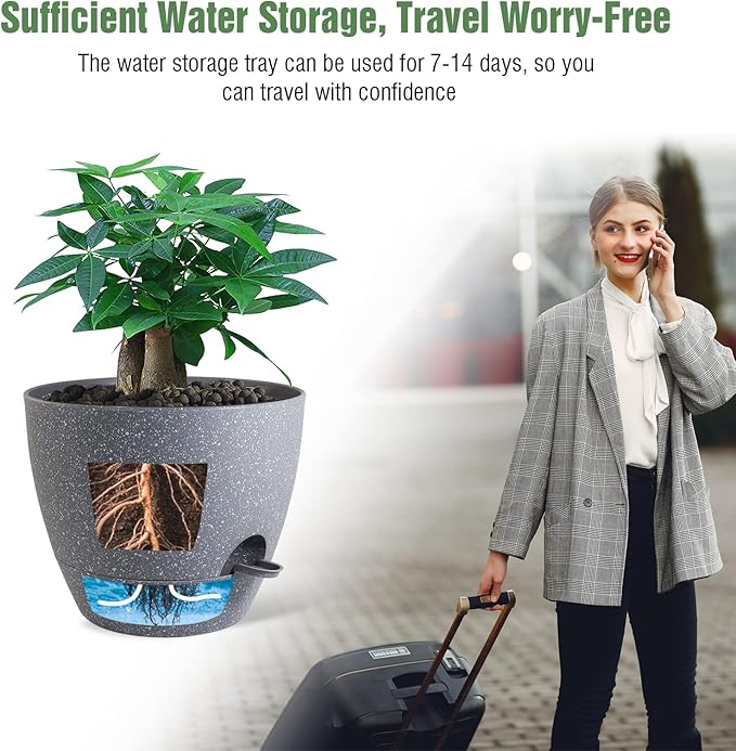 12 inch Large Self Watering Pots, Plastic Planters with 60oZ Removable Deep Reservoir and Multi Mesh Drainage Holes for Indoor Outdoor Garden Plants and Flowers, Grey Speckles UOUZ