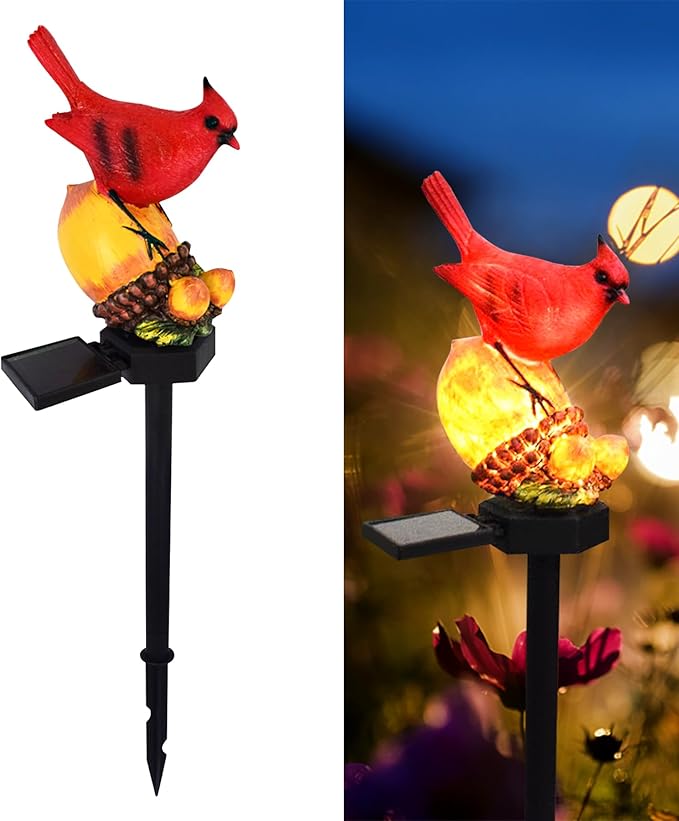 Cardinal Decor Solar Garden Decor Waterproof Red Bird Figurine Solar Stake Lights for Outside Yard, Patio, Lawn, Porch, Cemetery, Grave LAIAMER