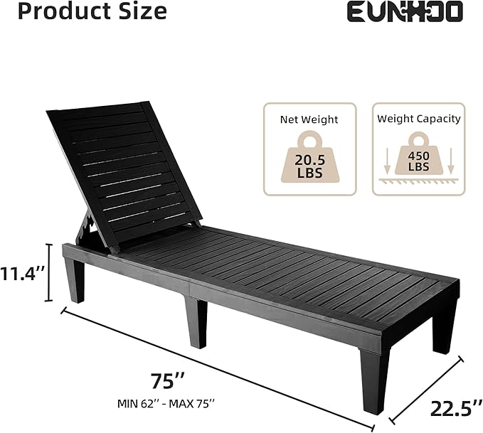 Chaise Lounge Outdoor,Adjustable Pool Lounge Chair with 5 Positions Backrest, Waterproof Sun Loungers for Garden Pool Beach Patio Deck Sunbathing.Black EUNHOO