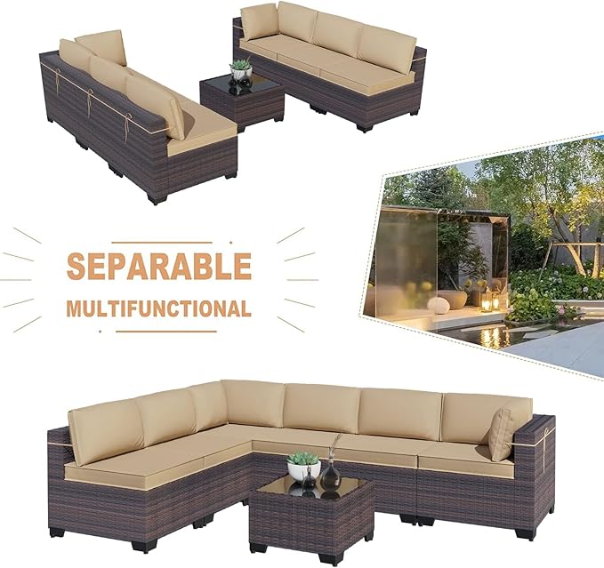 Kullavik 7 Pieces Outdoor Patio Furniture Set PE Wicker Rattan Sectional Sofa Patio Conversation Sets,Sand KULLAVIK