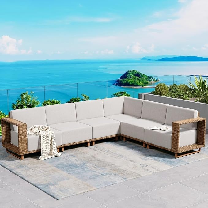 L Shaped Patio Furniture,Outdoor Rattan Wicker Sectional Sofa with 10''Ultra-Thick Cushions,All Weather Patio Conversation Set for Lawn Garden Backyard,Beige SUNSHINEVALLEY