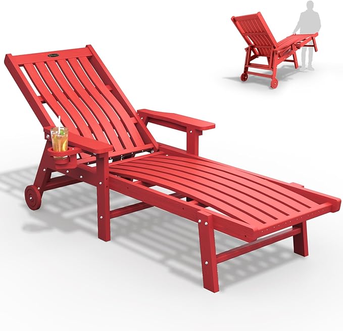 Patio Chaise Lounge Chair, Oversized Lounge Chair Outdoor with 5 Positions, HDPE, Patio Lounge Chair with Wheels & Cup Holder for Pool, Deck, Poolside,Red THOEOE