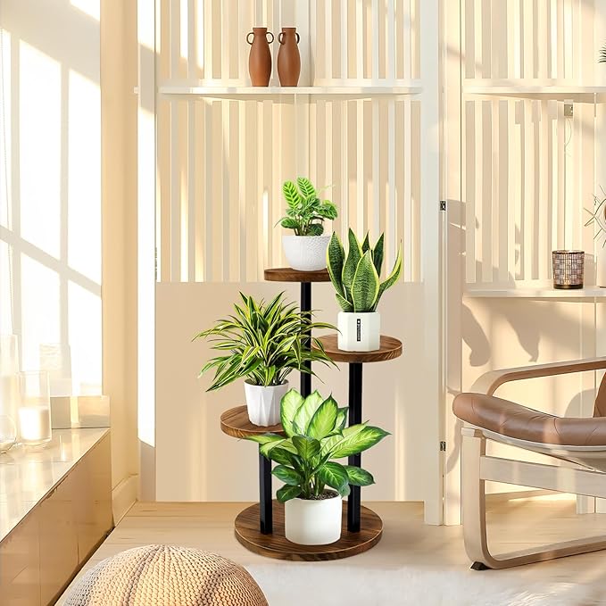 GEEBOBO 3 Tier Plant Stand Indoor, Metal Wood Plant Stands For Indoor Plants Multiple, Corner Tiered Flower Plants Shelf Stand for Living Room Bedroom, Brown GEEBOBO