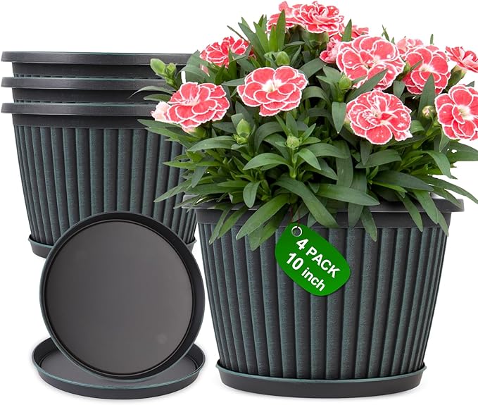 Planter-Pots-for-Plants-Indoor-Outdoor, 4 Pack 10 Inch Plastic Flower Pots with Saucer & Drainage Holes, Modern Garden Planters for Planting Medium Large Plants，Decorative Resin Garden Pots Myfeegoin