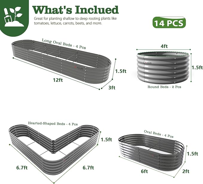 A ANLEOLIFE Set of 14 18 Inch Tall Raised Garden Beds Kit, Heart-Shaped, Long Oval & Round Metal Planters – Ideal for Creative Garden Layouts, Quartz Grey AAnleolife