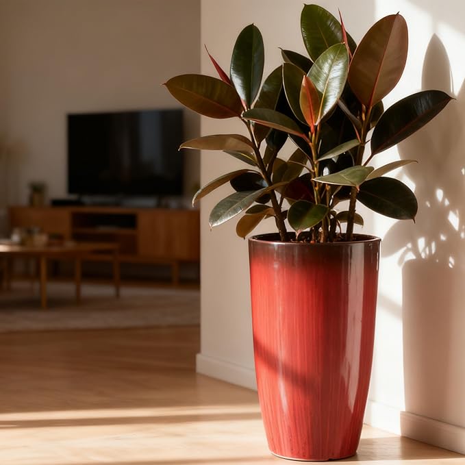 Worth Garden 23.5" H. Large Plastic Planters - Set of 2 Gradient Red Glossy Smooth Finish - Tall Plant Pots for Indoor & Outdoor Use - Decorative Lightweight Flower Pots for Front Porch, Patio, Deck WORTH