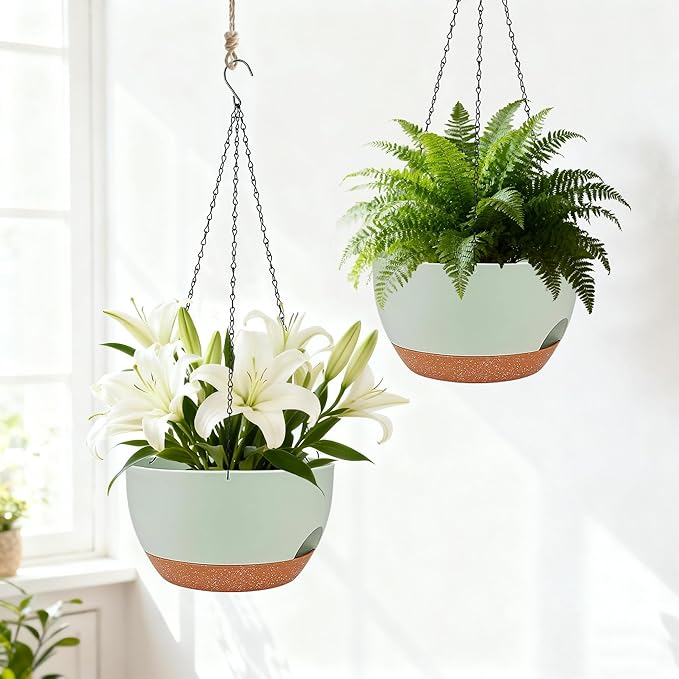 Set of 4-8 Inch Self Watering Hanging Planters for Indoor Outdoor，Hanging Plant Pots with Drainage & Removable Tray, Hanging Pots Holder for Ivy, Pothos, Ferns, Balcony & Patio, Green Brown zople