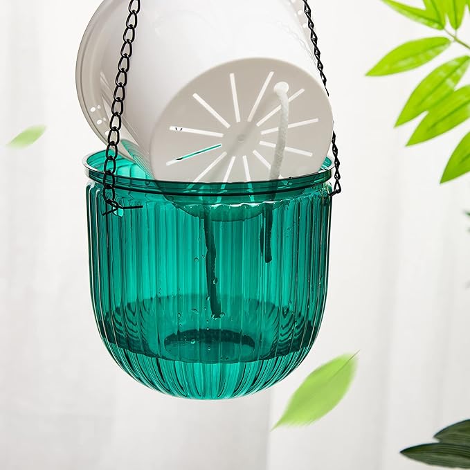Meanplan 4 Pcs Self Watering Hanging Planter Indoor 6.5 Inch Hanging Baskets for Plants Outdoor Plastic Flower Pot with 3 Hooks Chains Drainage Holes for Garden Home, Medium Size(Emerald, Gray) Meanplan
