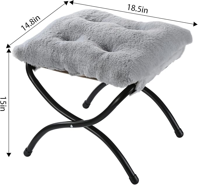 15" Foldable Foot Stool Ottoman with Metal Frame - Washable Faux Fur Grey Upholstered Indoor/Outdoor Footrest for Living Room, Bedroom, Patio - Space-Saving Compact Design WELL-STRONG