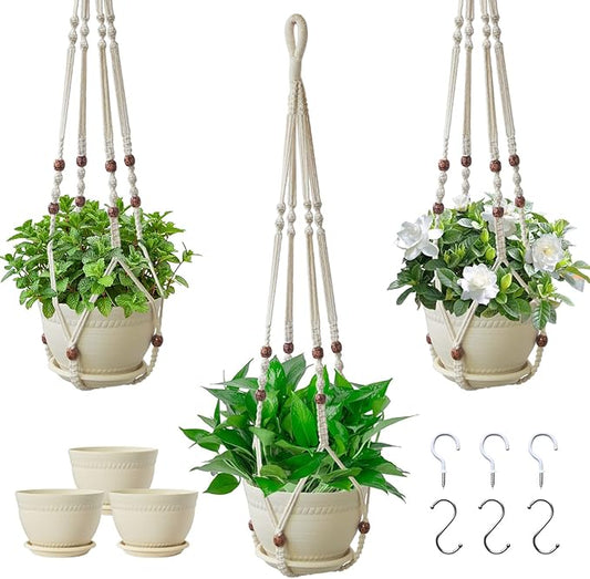 Macrame Plant Hanger with Pot, 3 Set Hanging Planters for Indoor Plants, Handmade Cotton Rope Boho Home Decor, Idea Gift for Anyone, Includes Plant Holders, Pots, Plates and Hooks (Ivory) Checrxy