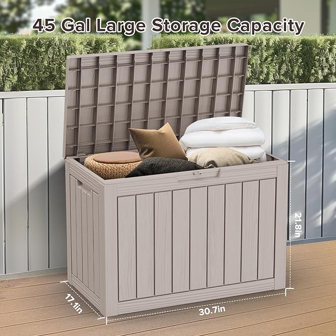 ROJIK Outdoor Storage Housing Deck Box - Waterproof Patio Furniture, Garden Tools, Cushions, Pool Accessories Storage Bench with Lockable Lid and Side Handles (Grey, 45 Gal) ROJIK