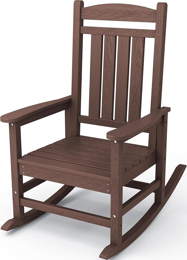 KINGYES HDPE Rocking Chairs Outdoor, Patio Rocking Chairs with 330lbs Support, Smooth Porch Rocker for Deck Lawn Yard, Coffee Brown KINGYES