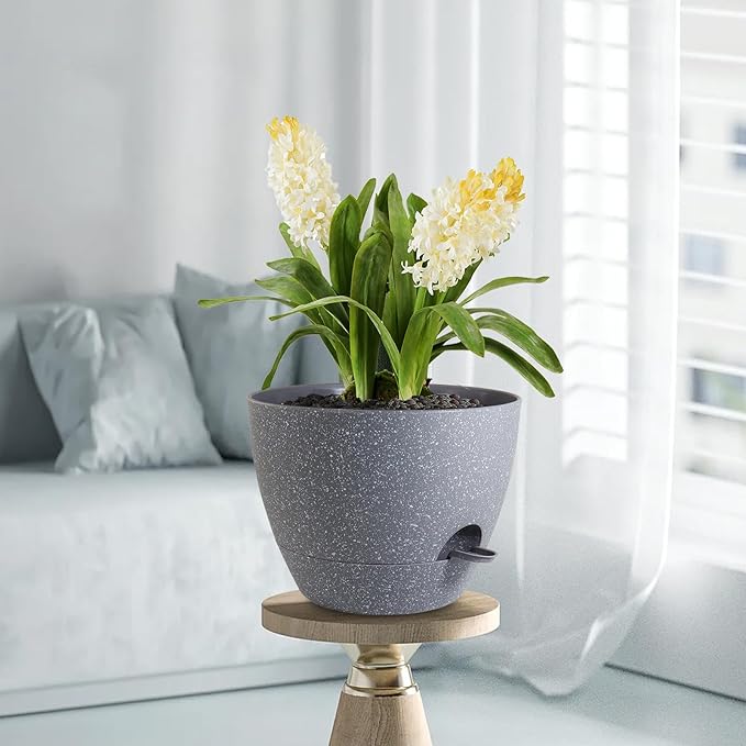 12 inch Large Self Watering Pots, Plant Pots with Mesh Drainage Holes for Indoor Outdoor Plants, Plastic Planters with Deep Reservoir for Garden House Flower Plants, Speckled Grey Meowell
