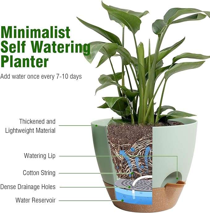 Big Self Watering Pots 12/10/9 inch, Planter, Plant Pots with Mesh Drainage Holes for Indoor Outdoor Garden Plants, Plastic Flower Pots with Removable Deep Reservoir, Green with Brown WSMKSZ
