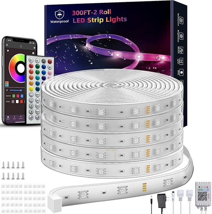 300ft Outdoor Led Strip Lights Waterproof, Ip68 Outside Led Light Strip Waterproof with Remote and App Control, Exterior Led Rope Lights Music Syne RGB Strip Lights for House Decor (2*150ft) Ledagic