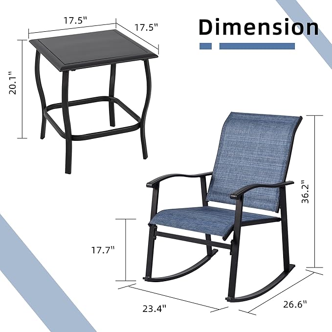 Vongrasig 3 Piece Outdoor Rocking Bistro Set, Textilene Fabric Small Patio Furniture Set, Front Porch Rocker Chairs Conversation Set with Glass Table for Lawn, Garden, Balcony, Poolside (Denim Blue) Vongrasig